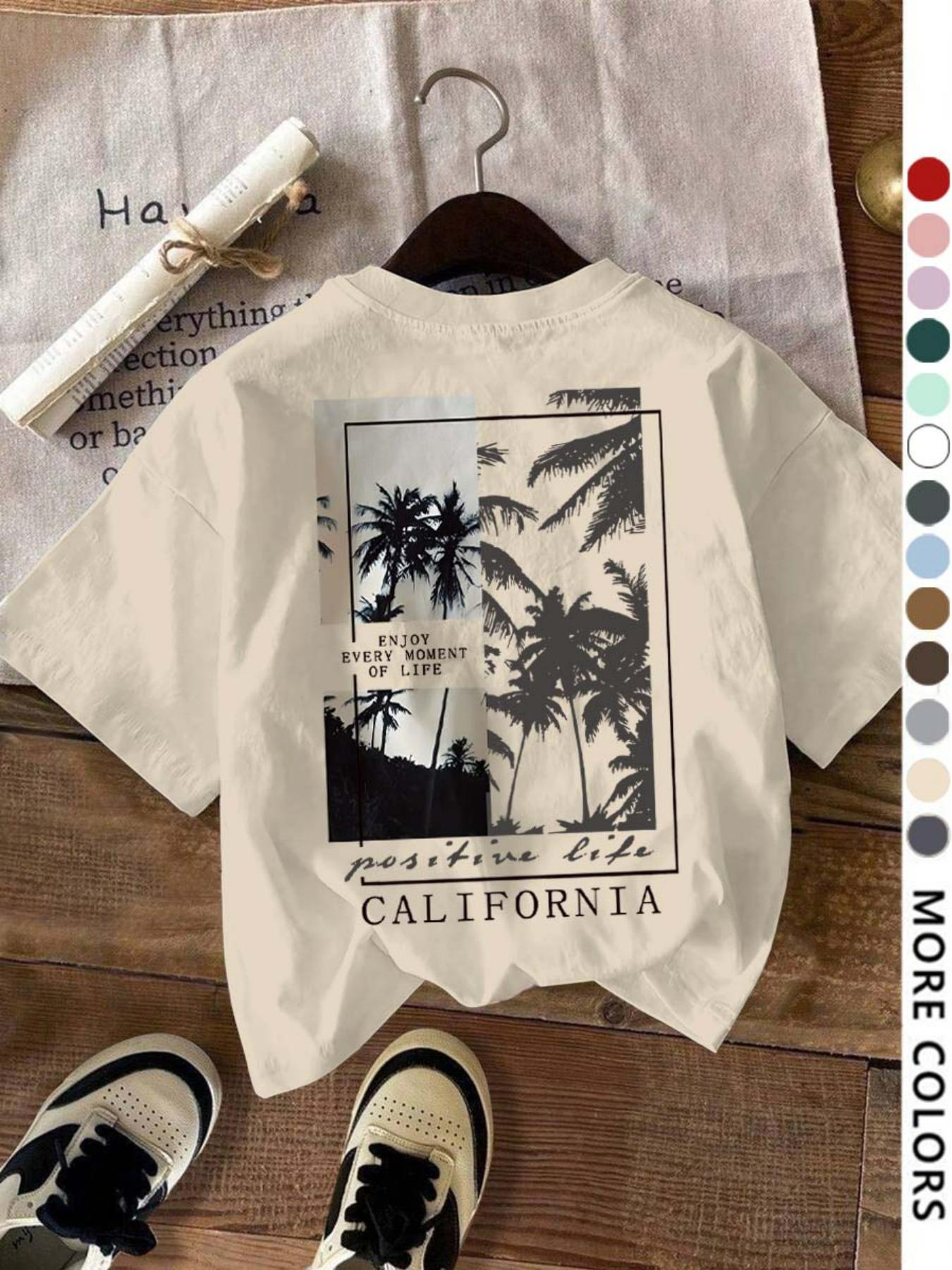 Women's Letter & Tree Print Round Neck Tee, Fashion Casual Short Sleeve T-shirt for Daily Wear, Ladies Summer Clothes