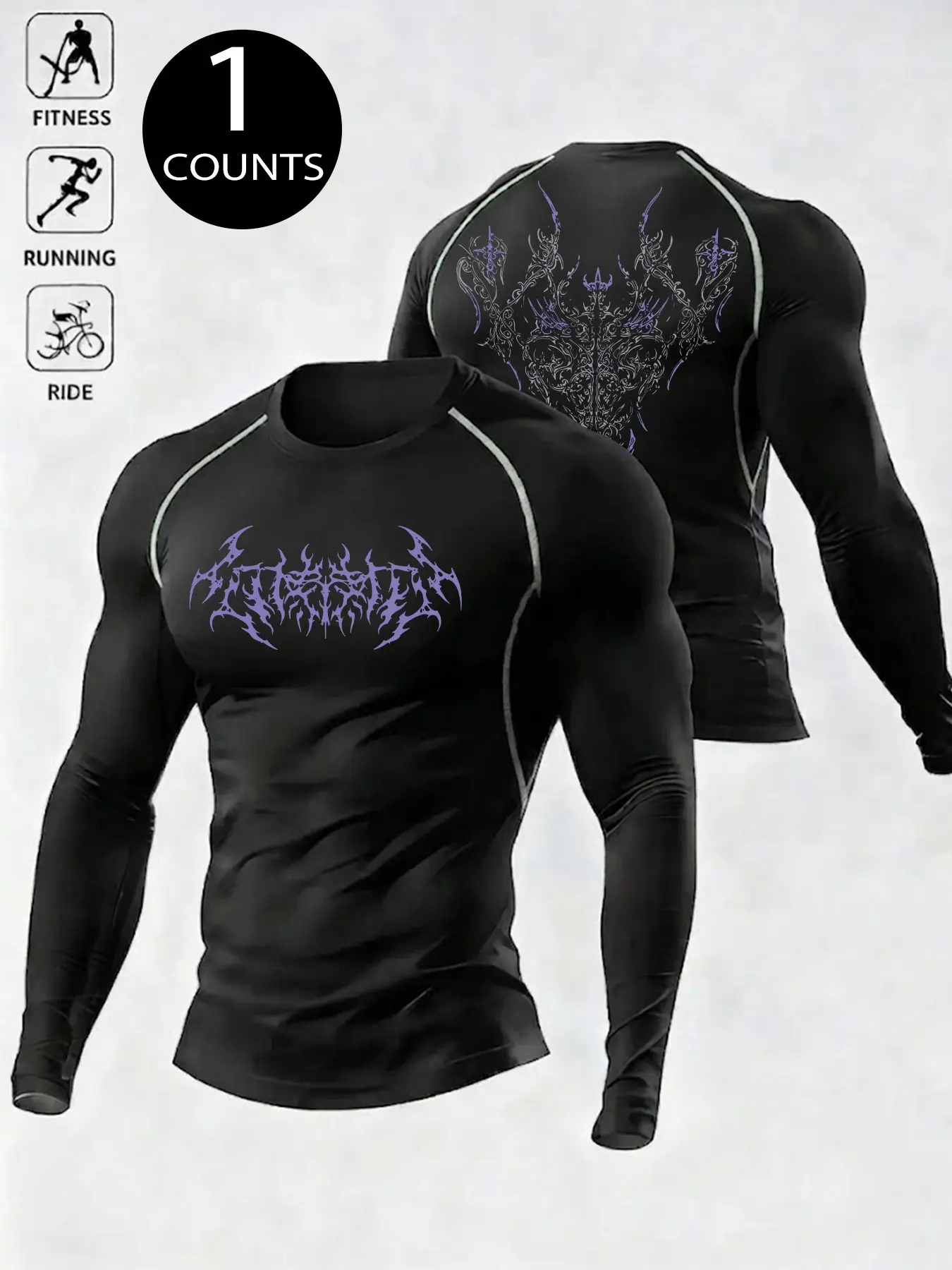 Men Gothic Dark Print Compression Long Sleeve Shirts Athleisure Streetwear Quick Dry Moisture Wicking Muscle Fit Baselayer, Multi-Scene One Wear For Gym Workout Running Cycling Light Outdoor Daily Casual, Soft High Stretch Comfortable Athletic Top Trendy