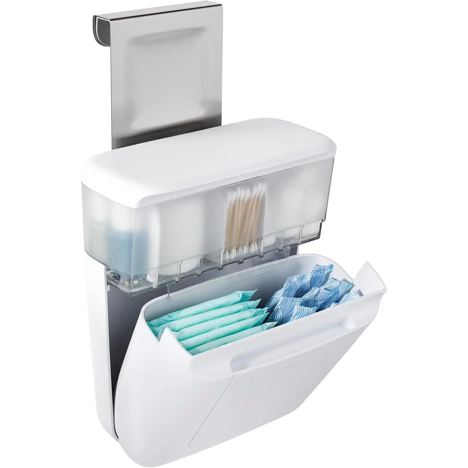 DoorStash Toiletry Organizer, Hanging Bathroom Cabinet Door Organizer with 3 Adjustable Compartments and Covered Lid for Accessory Organization