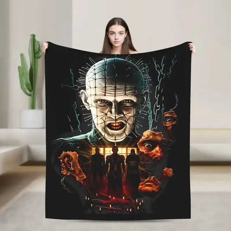 Horror Pinhead Movie Knitted Blanket Fleece Hellraisers Soft Throw Blankets for Car Sofa Couch Bedroom Quilt
