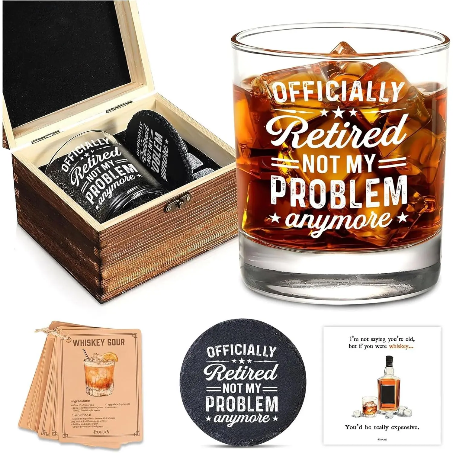 Classic Whiskey Set for Men, 2026 Retired Glassware Gift Pack with Wooden Box, Coaster and Recipe Cards