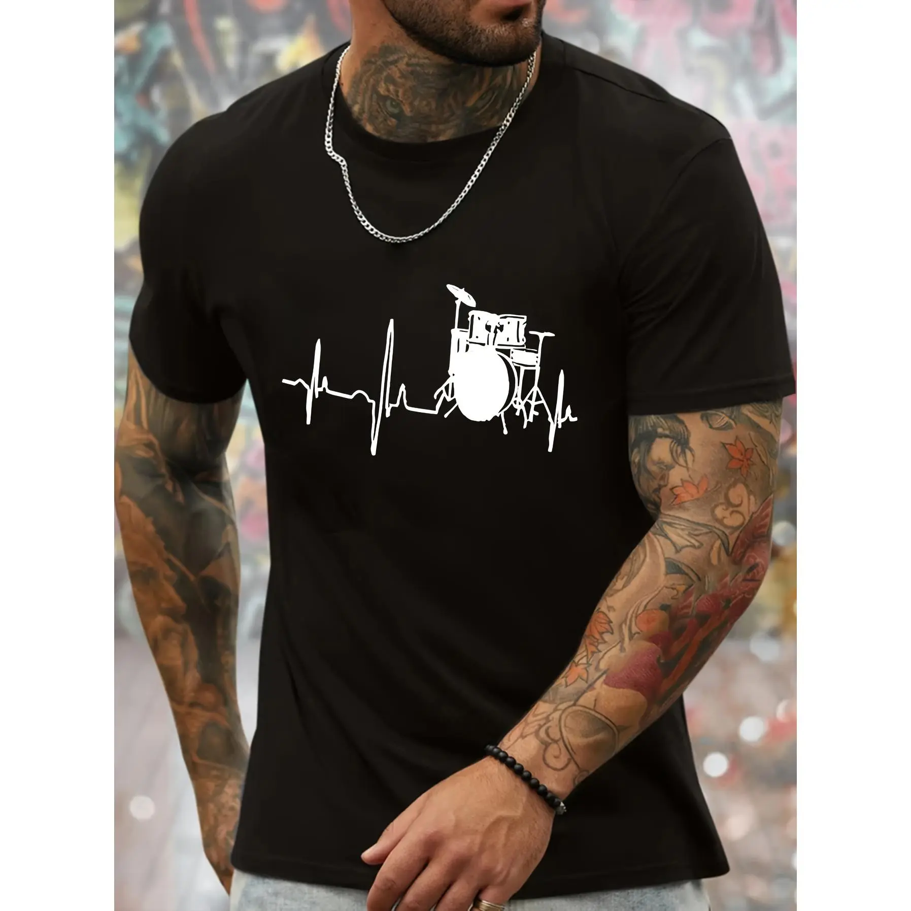 Men Crew Neck Short Sleeve T-Shirt, Drum Kit Heartbeat Line Graphic Tee, Rock Band Minimal Music Print Casual Top, Black White Dual Color Drummer Lover Music Festival Daily Outfit