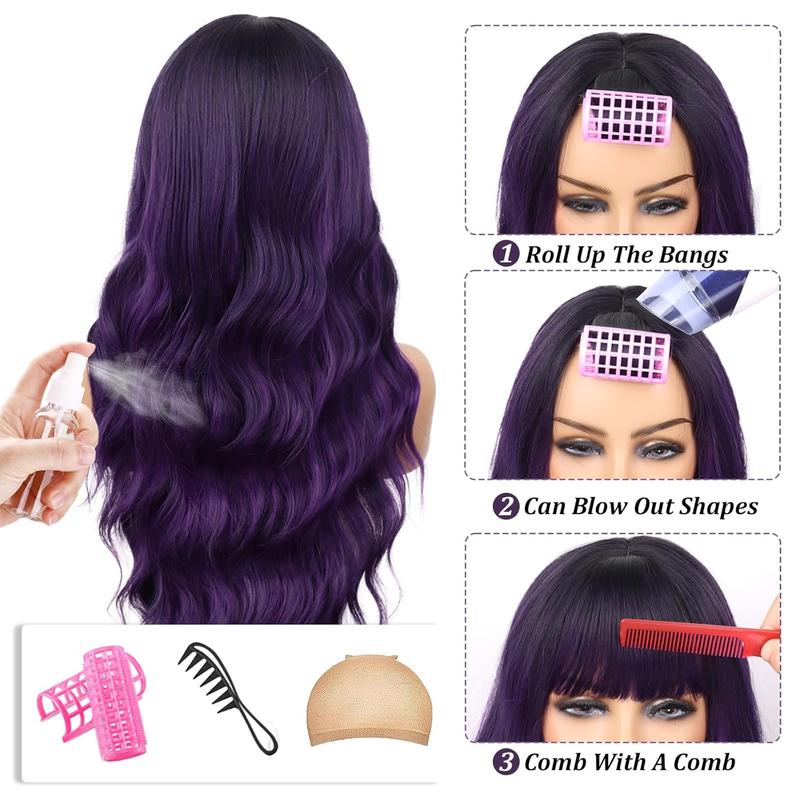 Purple Wig With Bangs Black and Purple Wigs for Women Long Curly Wavy Wig with Dark Roots Heat Resistant Synthetic Ombre Wigs for Women Daily Party Use (26 Inches)