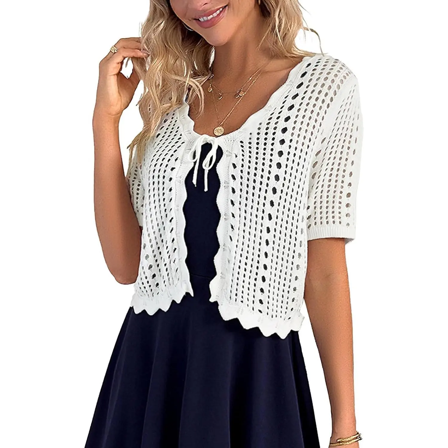 Women Crochet Shrug Sweater Tie Front Knit Bolero Shrug for Dress Short Sleeve Cropped Cardigan