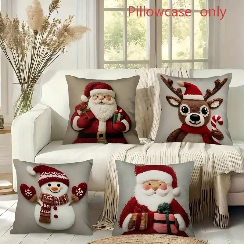 Christmas Pillowcase Set of 4, Santa Claus, Snowman, Reindeer, Candy Cane Designs, Polyester, Living Room Sofa Decor