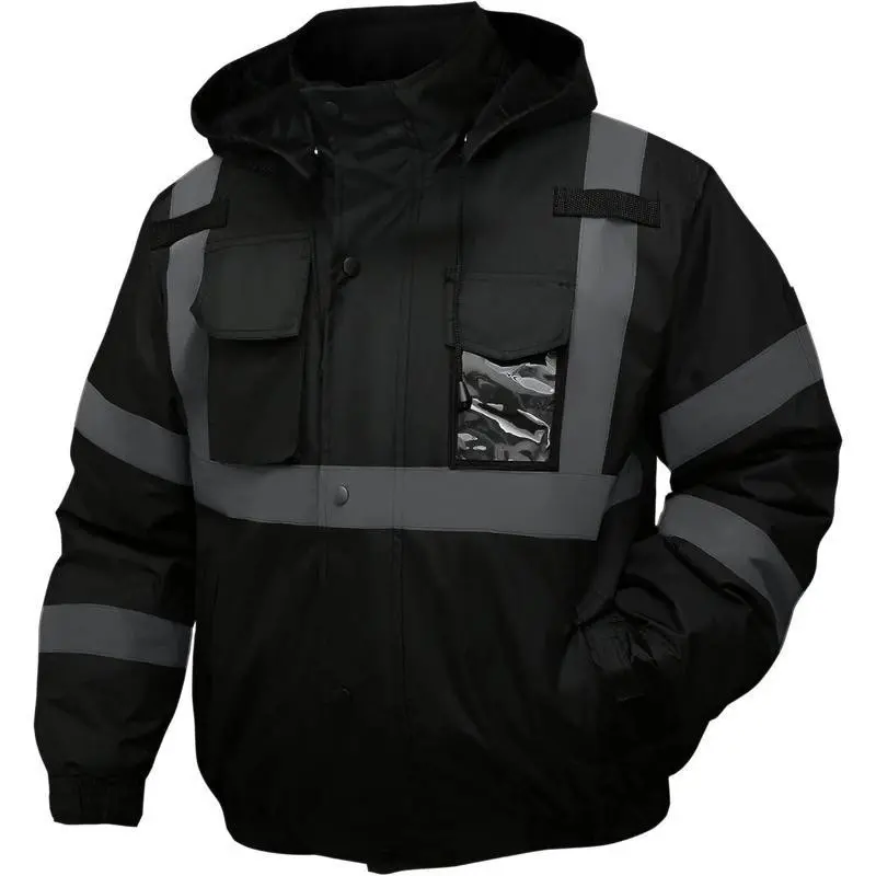Men's Safety Jacket, Reflective High Visibility Hooded Bomber Jacket with Pockets and Zippers, Waterproof, Black