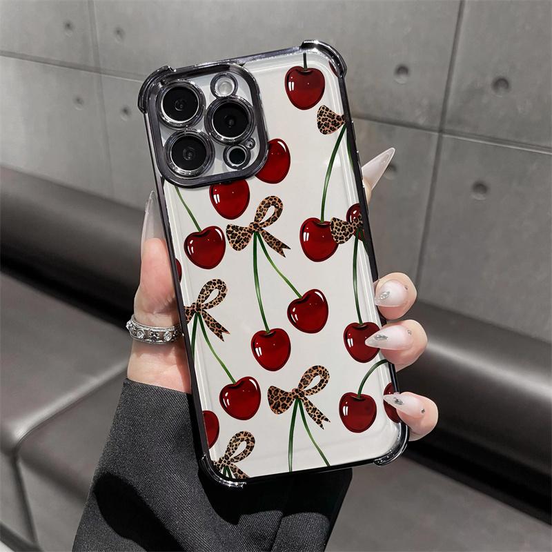 Cherry leopard print bow pattern four-corner shockproof transparent electroplated protective phone case for iPhone 17 Air 16Pro Max 15 14Plus 13 12 11 XS Samsung Galaxy S26 Ultra S25 Plus S24 FE S23,Simple and stylish.HM178