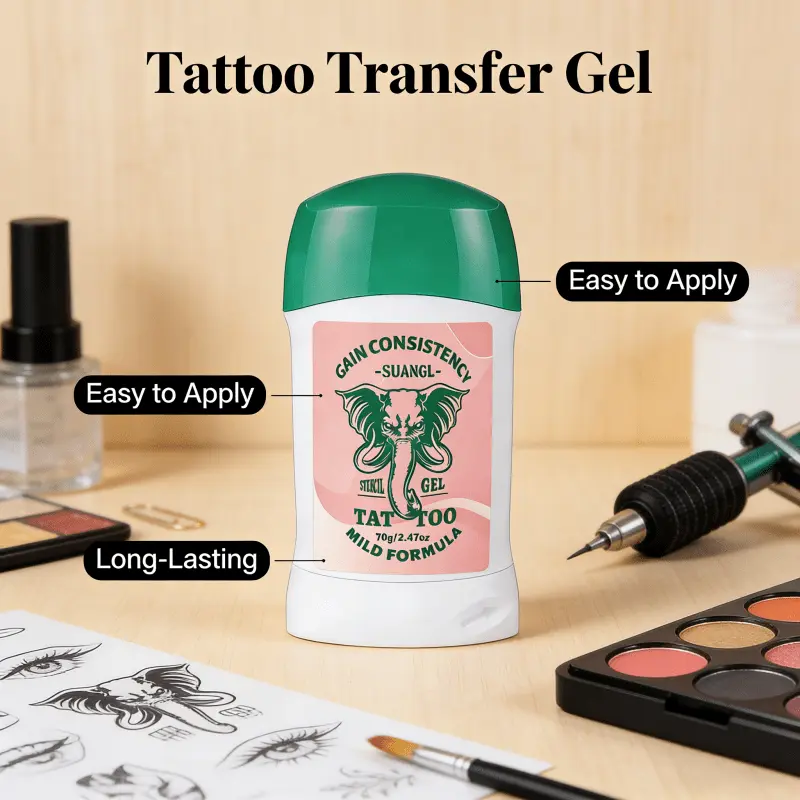 SUANGL Tattoo Transfer Gel, 70g per bottle. Safe & long-lasting tattoo stencil cream for body art makeup, compatible with professional tattoo transfer paper. Ideal accessory for tattoo beginners and enthusiasts.