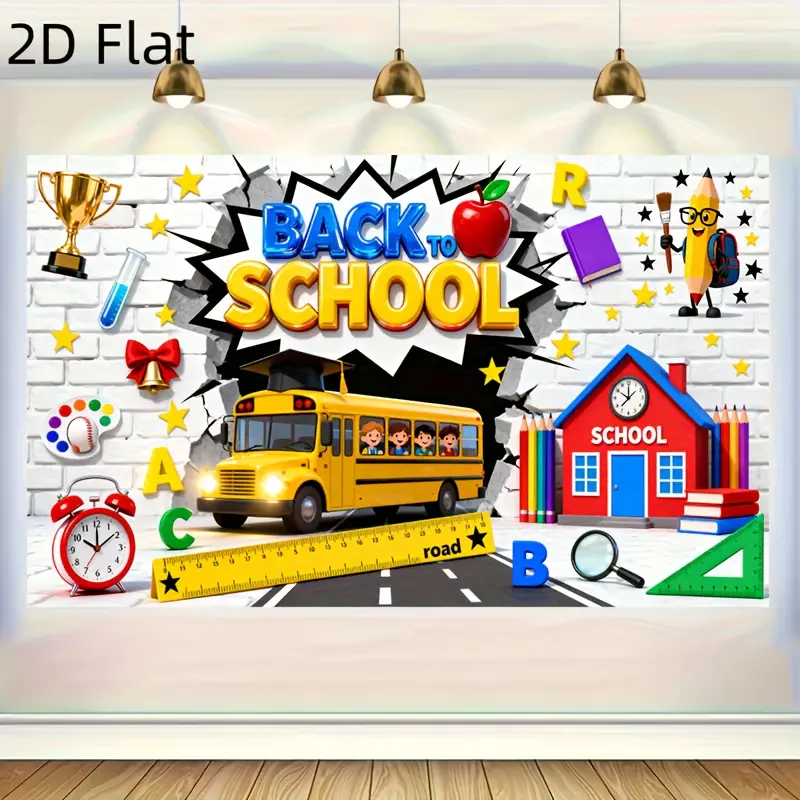 Educational School Welcome Back Tapestry - School Bus, Book Pattern Wall Decoration Photo Backdrop, Lightweight Home Decor Gift for Classrooms, Birthday Events, Wedding, Hand Wash