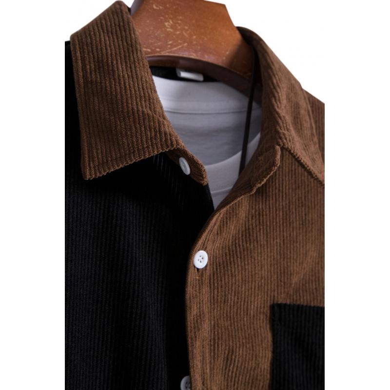 Men's corduroy color-block short-sleeve shirt, casual button-up shirt with chest pocket, vintage summer street style, soft and breathable, suitable for everyday wear