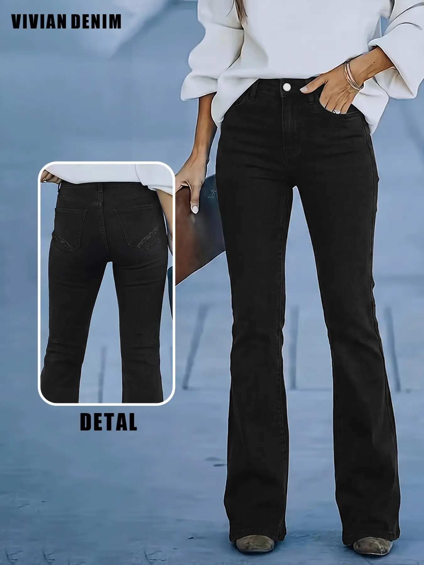 Micro Flare Jeans, Stretch Fit Back Pocket Distressed Design, Mid-Age Women's Commuter Versatile Long Pants