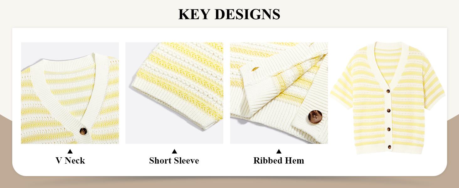 Saodimallsu Womens Short Sleeve Striped Cardigan Sweaters Crochet Knit Button Down Shirts V Neck Spring Summer Tops