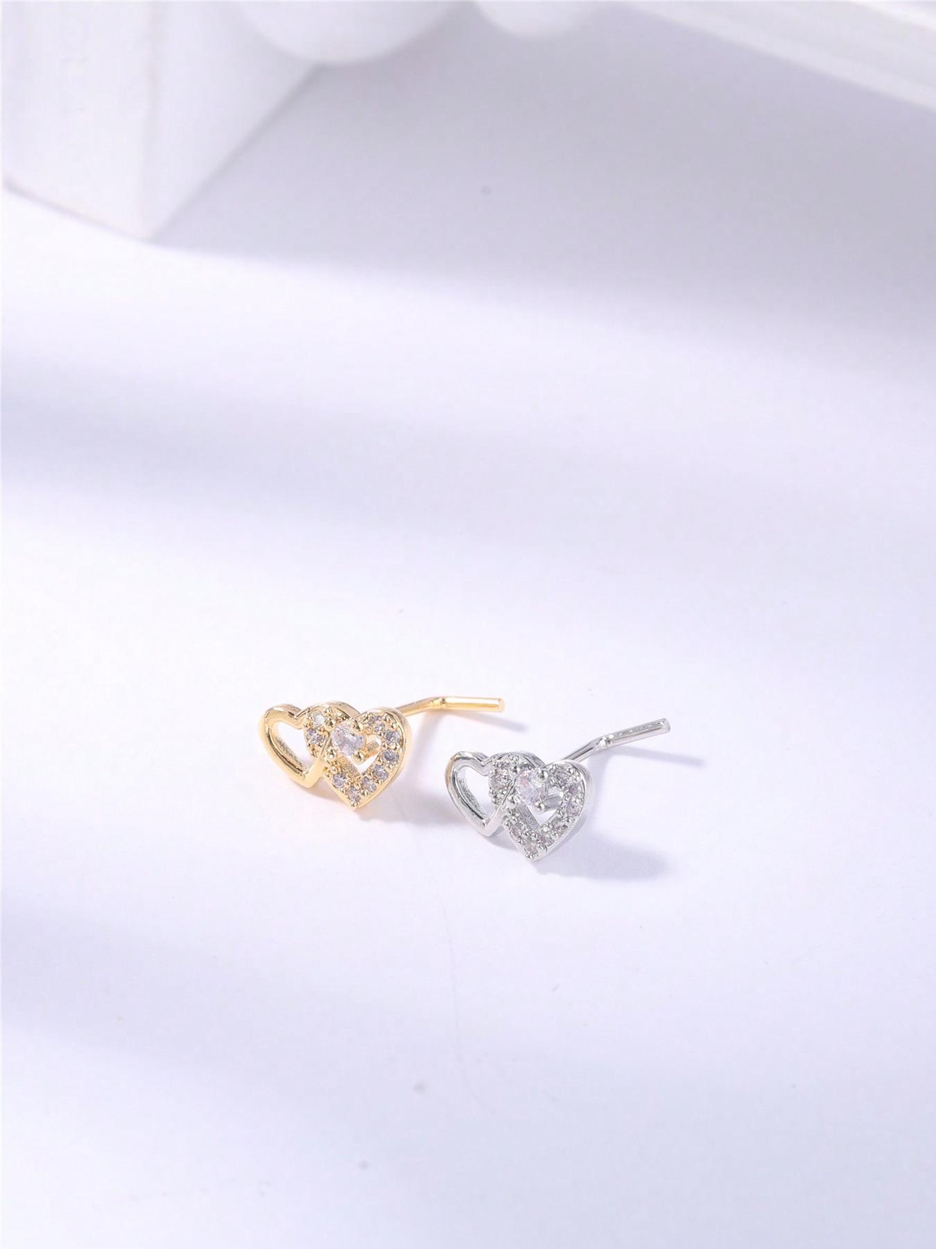Heart Shaped L Shape Nose Stud, Rhinestone Decor Nose Ring, Fashionable Body Jewelry for Women & Girls, Trendy All-match & Exquisite Jewelry for Birthday Gift