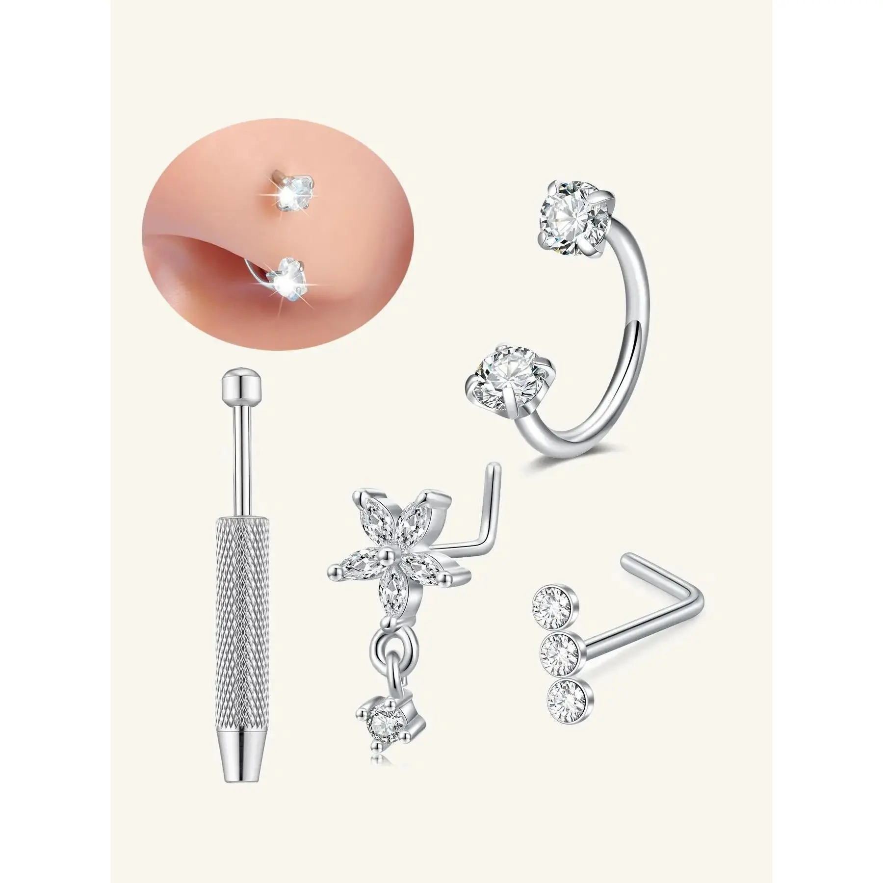 Stainless Steel Oxidized Zirconia Nose Ring, Nose Ring Hoops, Spiral Nose Ring, Horseshoe Nose Hoop L-Shaped Nose Studs, Women's Surgical Steel U-Shape Tragus Earrings, Nose Piercing Jewelry, Body Jewellery