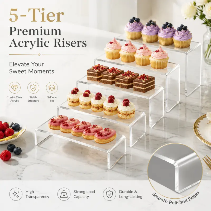 5 Tier Clear Acrylic Display Risers Stand, Sturdy and Durable Cupcake Dessert Shelf with Polished Smooth Edge, Food Collectible Organizer for Party Wedding Bakery Retail Tabletop Display