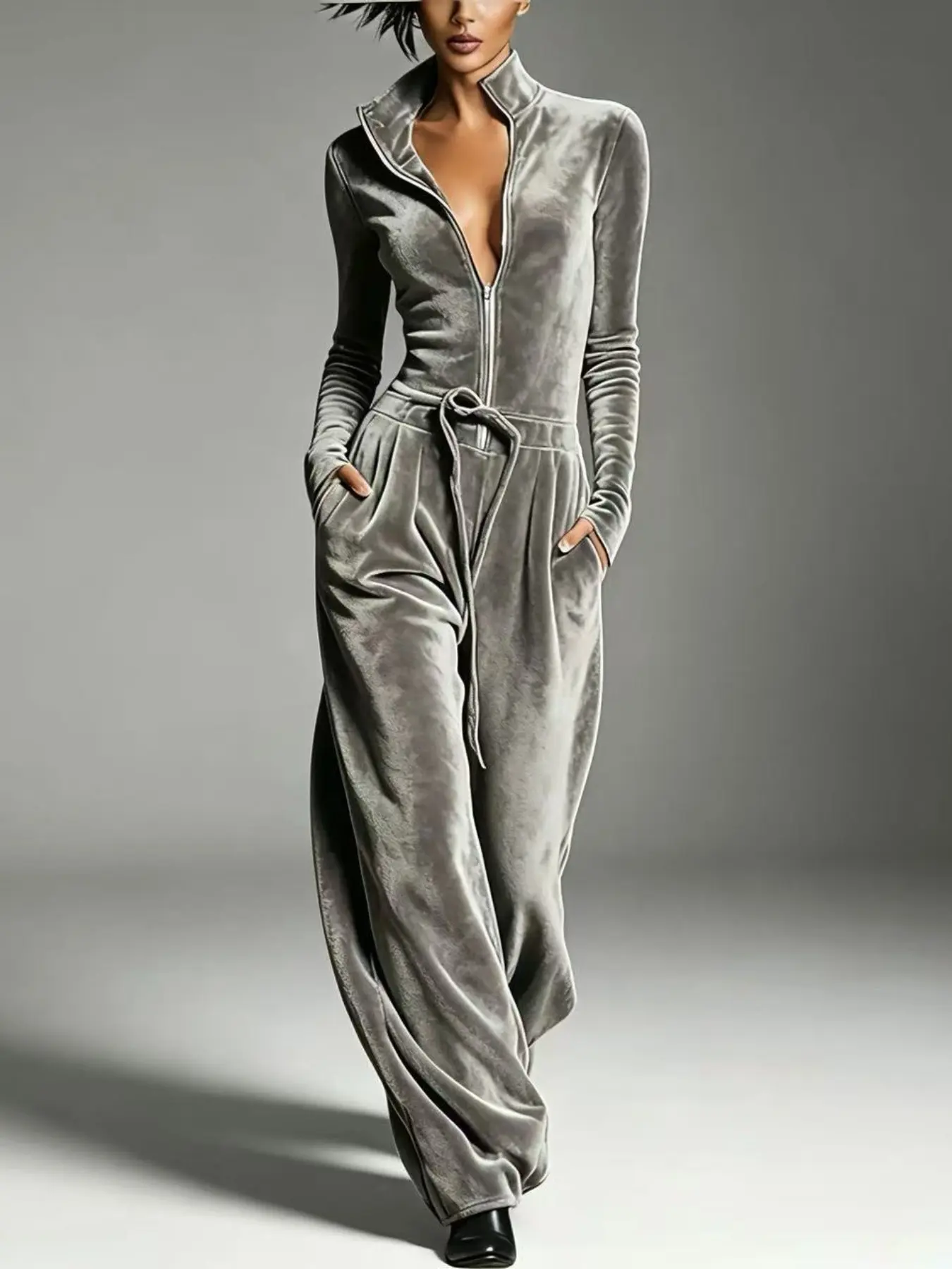 Women's Velvet Jumpsuit, Stand Collar Zipper Design, Long Sleeve Drawstring Waist, Wide Leg Pants with Pockets, Casual Loose-Fit Style
