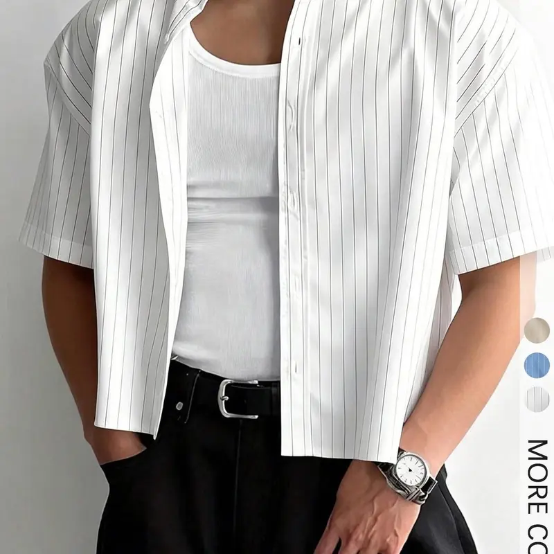 Men's Simple Striped Cropped Button Down Shirt, Casual Trendy Shirt, Regular Short Sleeve Casual Top For Streetwear, Casual Summer Clothes, Casual Summer Clothing