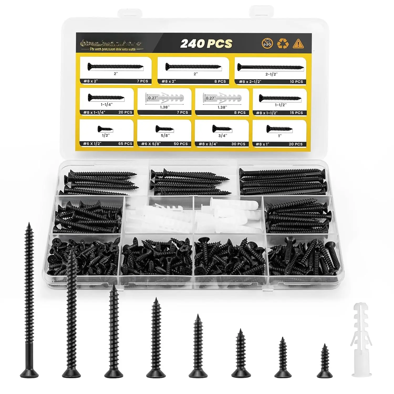 Screws  Kit,  240 count High Hardness Flat   Screws Set, Phillips Drive  Screws, Contain 15 count Anchors and 8 Size (2-1/2”,2”,1-1/2”,1-1/4”,1”,3/4”,5/8”,1/2”), Black