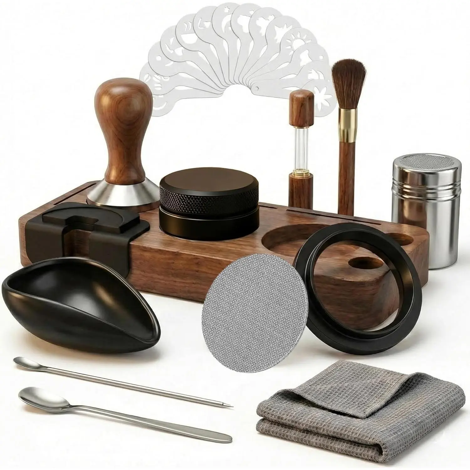 28PCS Espresso Accessories Kit, 51mm Espresso Tamper Tools, Espresso Machine Accessories Set with Wood Station, Distributor, WDT Tool, Puck Screen, Dosing Funnel, Powder Shaker, Latte Pen & Stencils