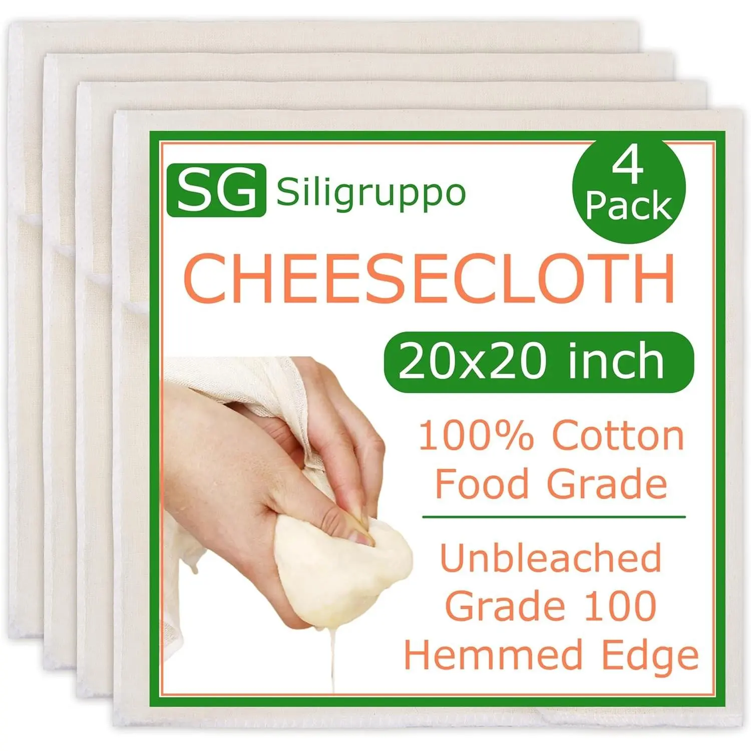 Cheesecloths 4-Pack, 20x20 Inch Reusable Unbleached Cotton Squares, Food-Grade with Hemmed Edges for Yogurt Straining, Cleaning, and Crafts