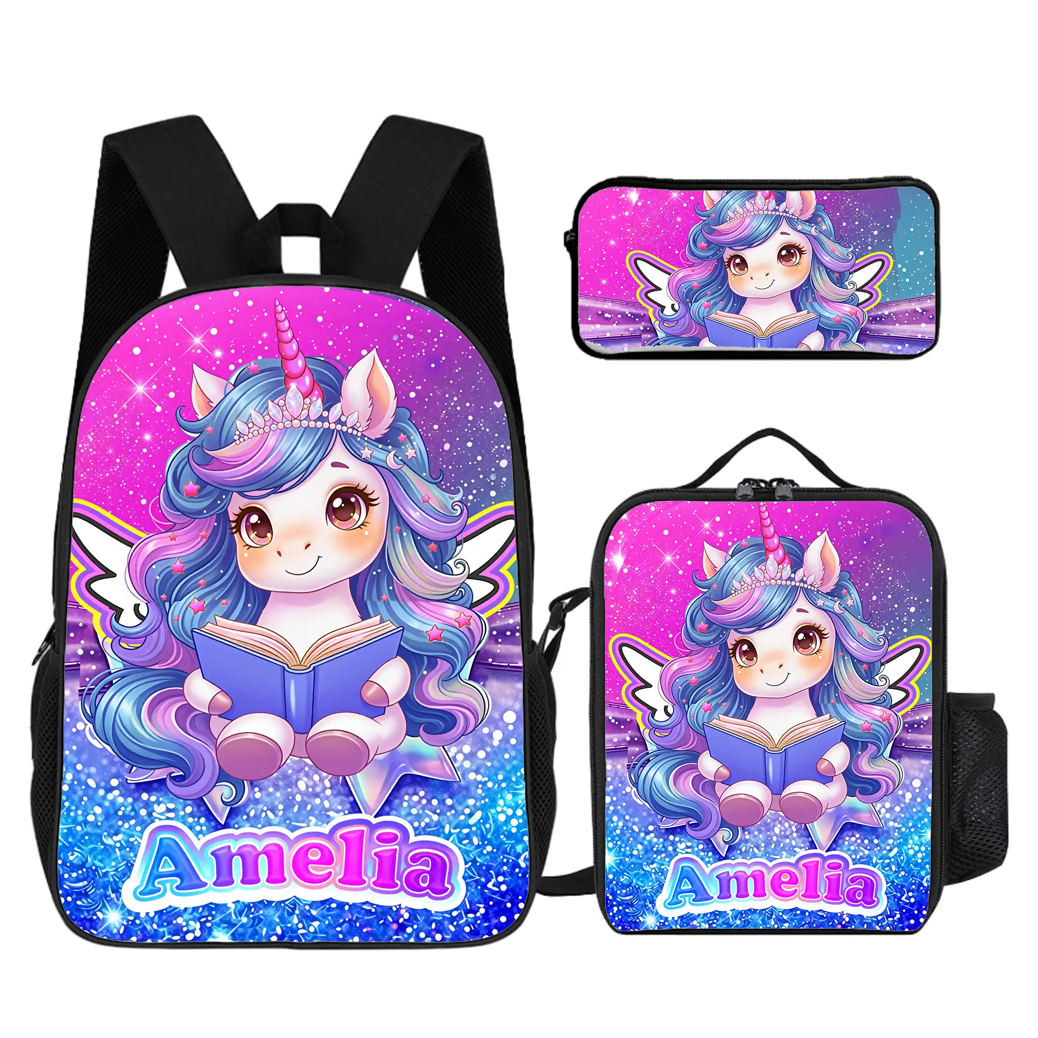 Adorable Princess Pattern 3Pcs Unico Backpack Kit, Customizable Name School Backpack Designed For Girls. Large Capacity Daily Carry Bag, Popular Birthday And Christmas Gift Choice For Girls.   # TikTokMadeMeBuyIt # UnicoSchoolSet # GiftForDaughter