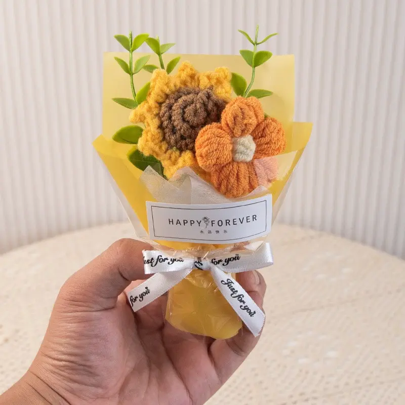 Handmade Knitted Sunflower Bouquet, Decorative Flower Bouquet, Mini Knit Flower Arrangement, Teacher Appreciation Birthday Graduation Mother's Day Gift for Women Wife