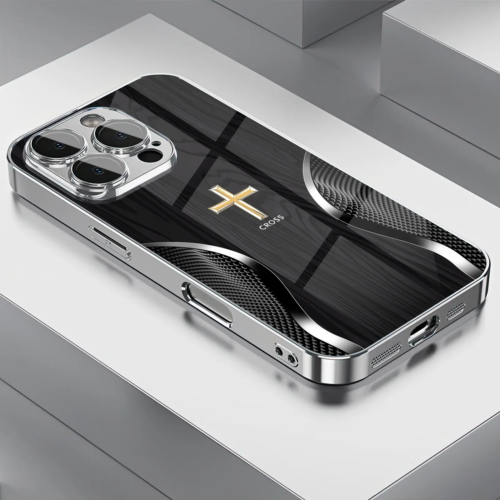 Black Wood Grain & Golden Cross 2D Printed Cellphone Protection Casing, All-Inclusive Mobile Phone Accessories Cover for iPhone 17 Pro Max 16 15 14 13 12 11 & Samsung Galaxy S25 Ultra S24 S23 S22 S21 S20 A Series - ZQ203, Multi-Model