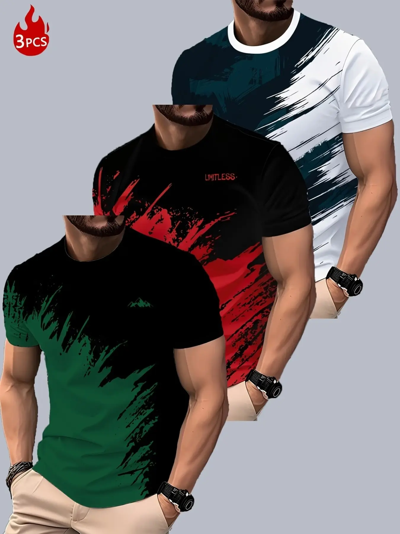 3-Pack Men's 3D Short Sleeve T-Shirts, Striped Print Casual Streetwear Summer Tee, Quick-Dry Breathable Round Neck, Geometric Pattern, All Seasons