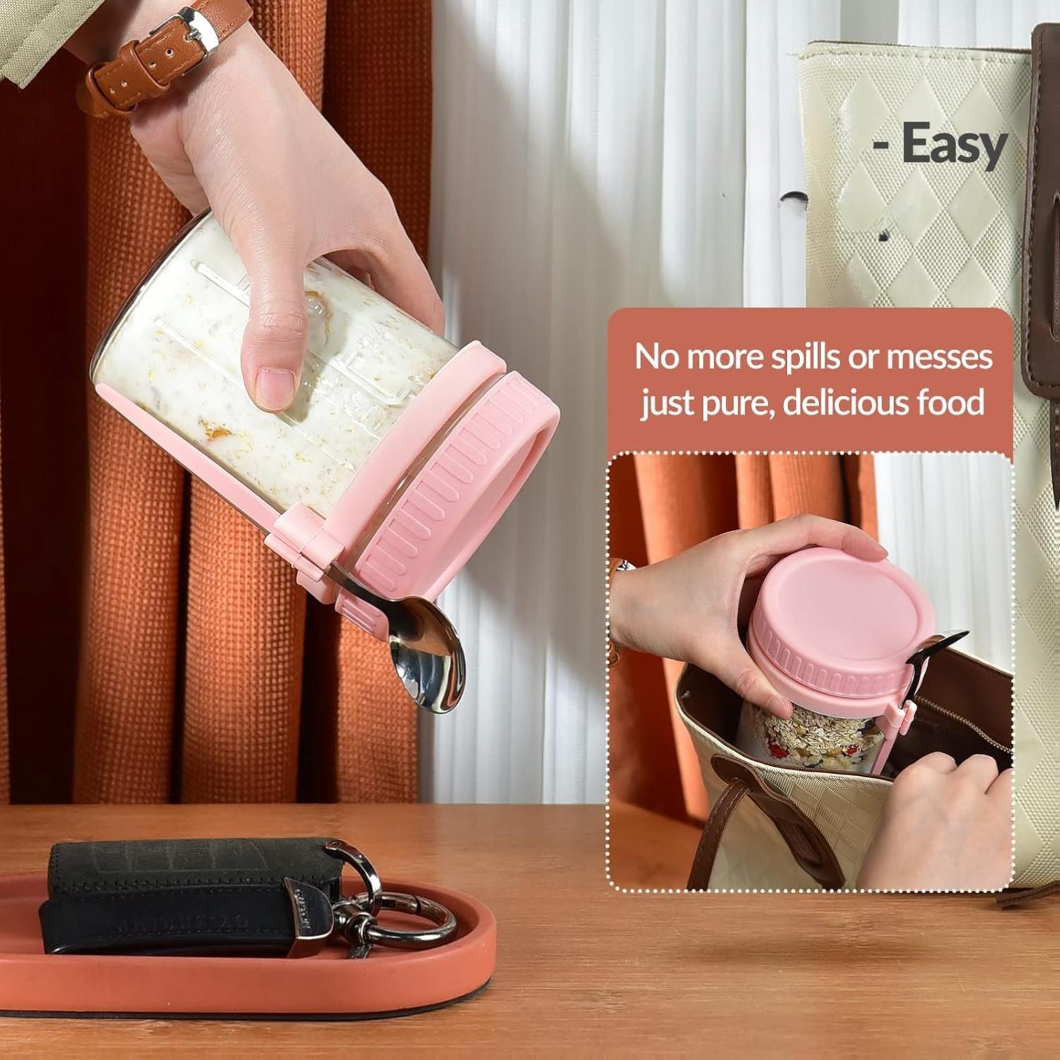 THE WELL KEPT 4 Pack Overnight Oats Containers with Lids and Spoons - DRKIO 16 Oz Glass Mason Jars for Overnight Oats Leak Proof Oatmeal Container Great for Cereal Fruit Vegetable Milk Salad Yogurt Meal Prep