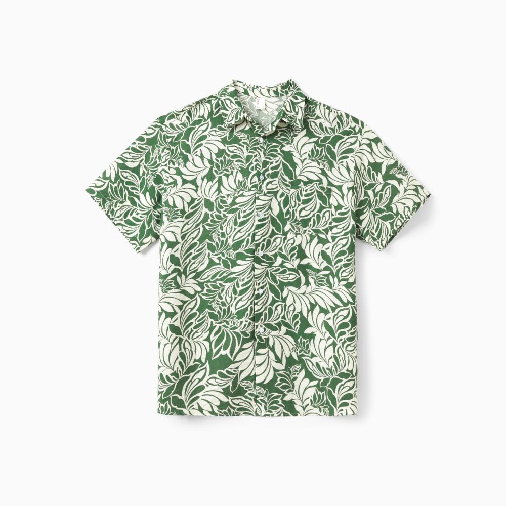 PatPat Family Matching Leaf Print Short-sleeve Shirt or Halter Dress Green Set Spingtok