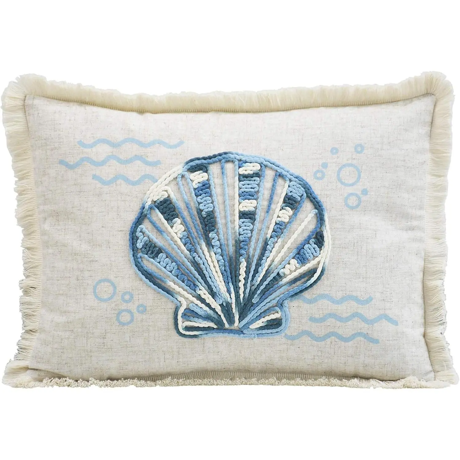 Comfy Hour 18 Inch Shell Pillow, Coastal Lumbar Cushion, Set of 1 | Beach Throw Pillows, Sea Shell Throw Pillow, Blue And White, Fringed Edges, Hidden Zipper, Removable Insert