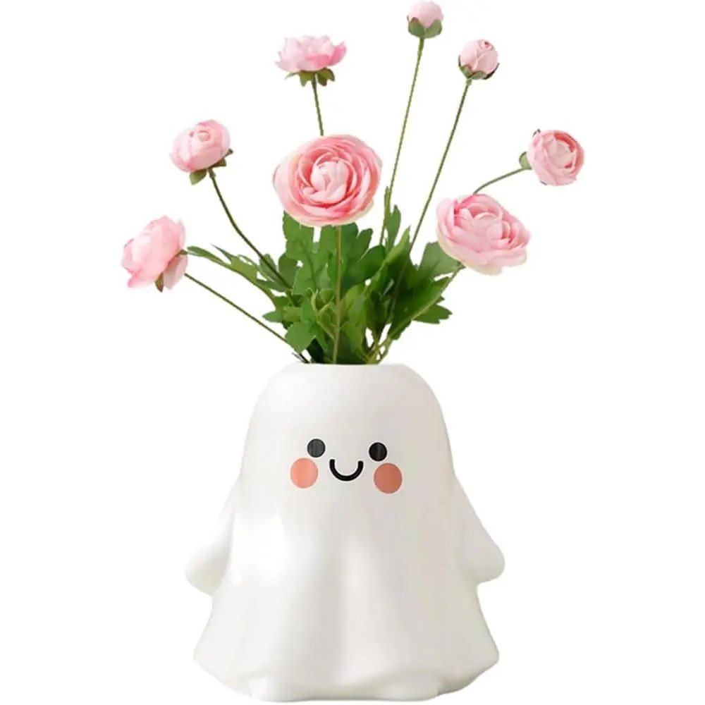 Cute Ghost Vase Ceramic Ghost Bucket Vase, H 5.9" Halloween Vases Ceramic Ghosts Decor for Home Table Desk Bedroom Halloween Decorations, Ceramic Vases for Flowers (A-Matte Finish)