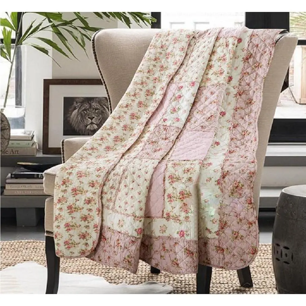 100% Cotton Shabby Chic Floral Print Quilt Blanket - 150x200cm, Twin/Full Bed Coverlet, Reversible Patchwork Sofa Blanket, Kid Girls' Pink Room Decor, Vacuum Packed