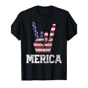 Merica Rock Sign 4th of July Vintage American Flag  USA T ShirtSame Style for Men and Women 2025 Summer Short-sleeved Printed T-shirt Pure 220G