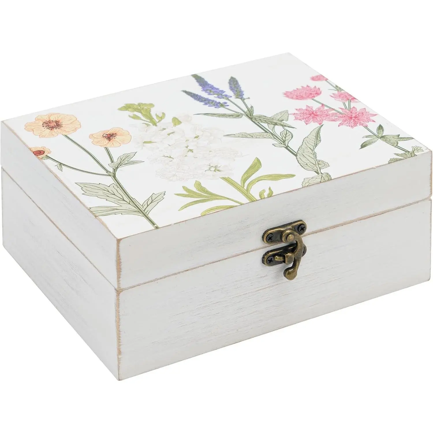 Small Decorative Box with Hinged Lid Wooden Handmade Keepsake Storage Box Floral Printed Jewelry Box Rustic Trinket Box - 7.9 x 6.5 x 3.4 Inches