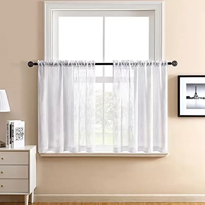 2 Piece Linen-Style Rod-Pass Small Curtains, Boho Style Window Drapes, Dustproof Decorative Shutters for Living Room, Kitchen, Bedroom, Office, Dining Room