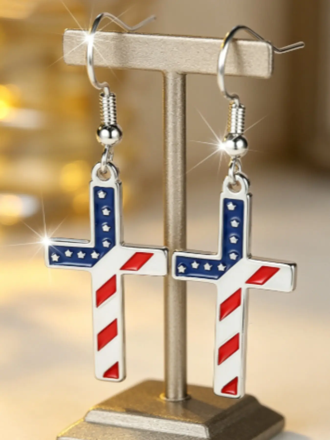 Independence Day Blue Cross Earrings, Faith and Patriotism Symbol, Unique Design, Casual Hook Earrings, Copper Earrings, All Seasons