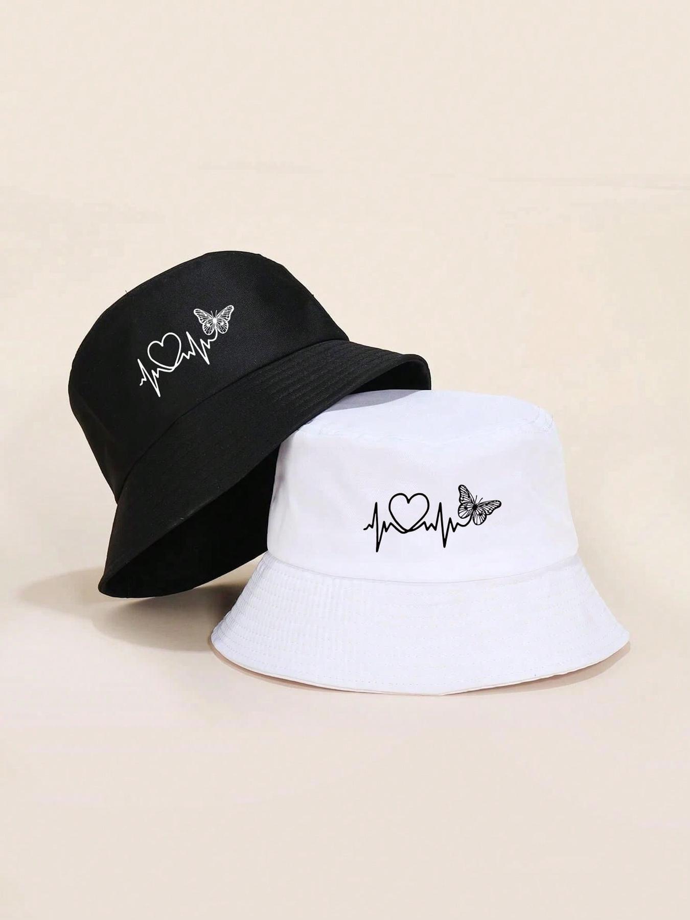 Unisex Butterfly & Heart Pattern Bucket Hat, Casual Trendy 