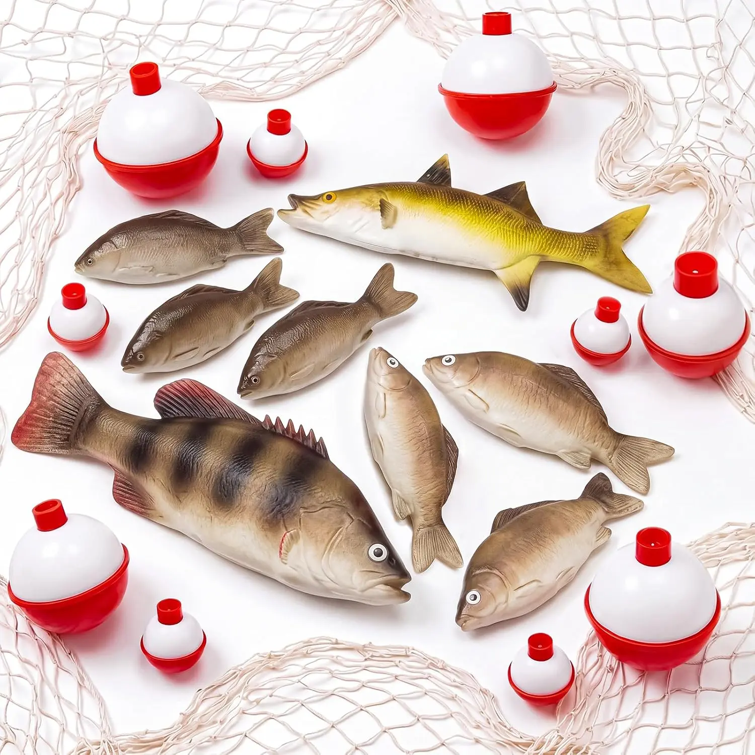 Blueweenly 20 Pcs Gone Fishing Party Decorations Set Includes Fake Fish Fishing Net and Bobbers Table Centerpiece for Birthday, Nautical & Beach Party Decor