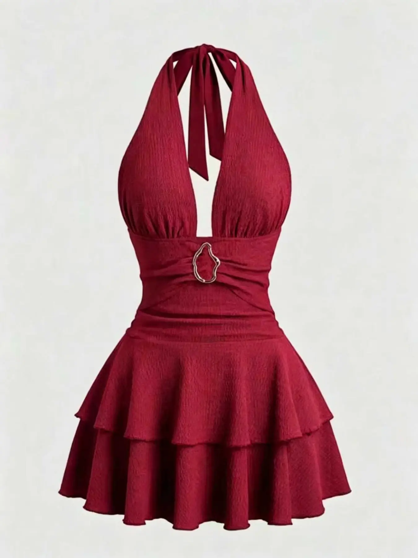 Elegant Metal Button Decorated Halter Neck Pleated Hem Short Party Dress, Perfect for Women, Stylish and Comfortable