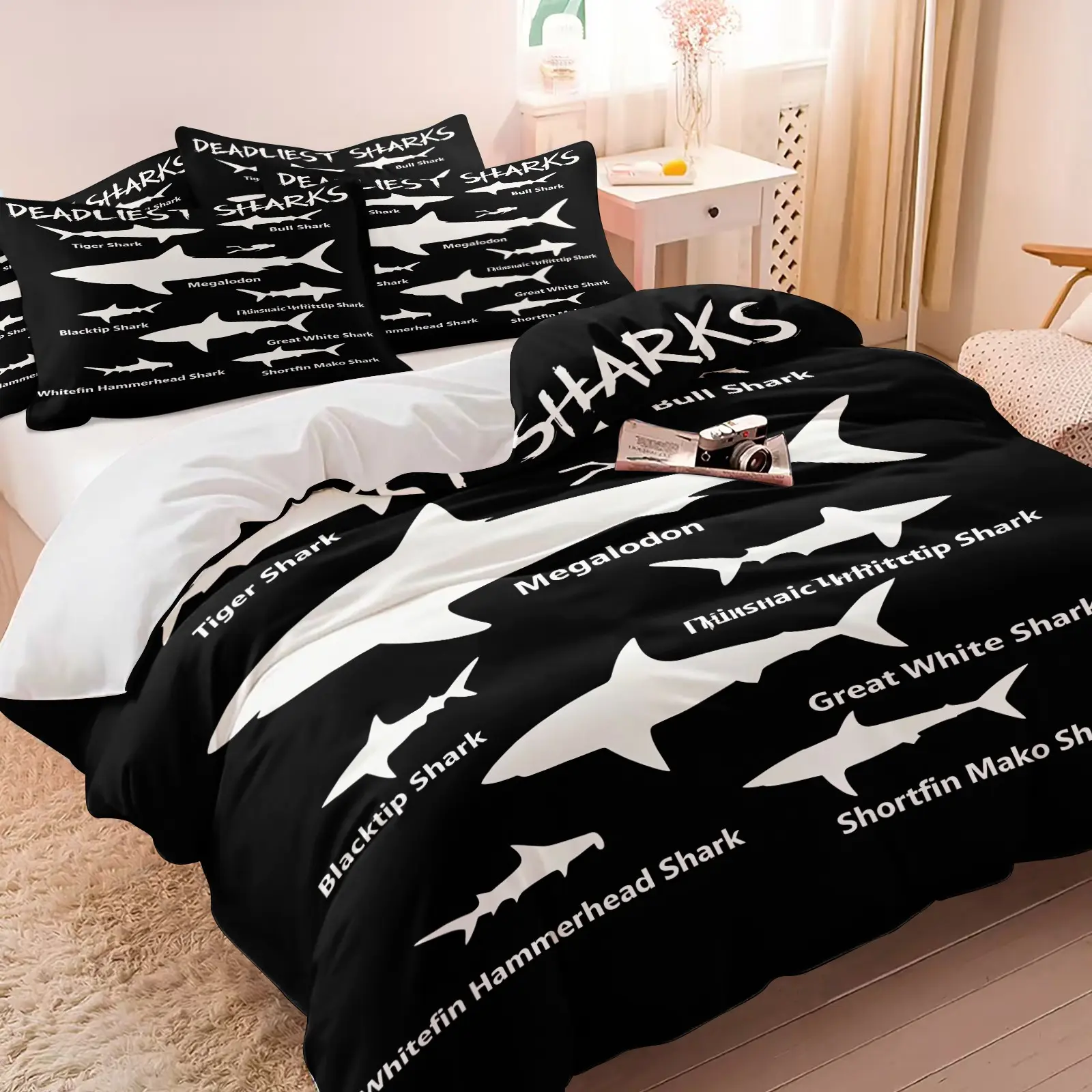 Different Shark Species Silhouette Duvet Cover Set, Includes 1 Duvet Cover + 1/2 Pillowcases, Soft Comfortable Skin-Friendly Fabric, Black Background Shark Name Print Bedding, Perfect Decor For Bedrooms, Dorms & Shark Lovers