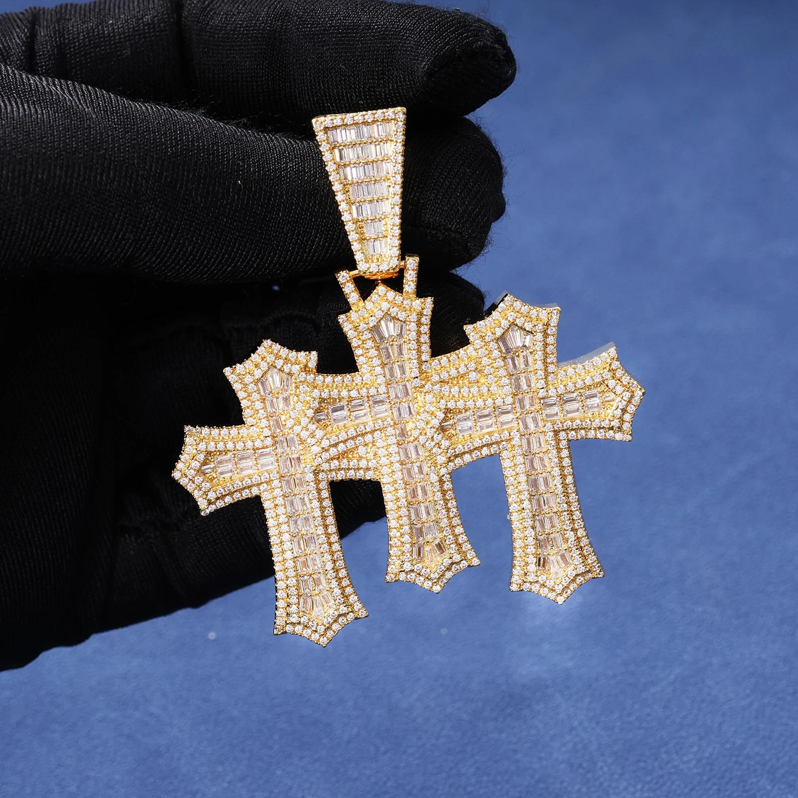 Iced Out New Fashion Baguette Triple Cross Clustered Pendant High Quality Triple Micro Pave Bling CZ Charm Pendant Necklace for Men