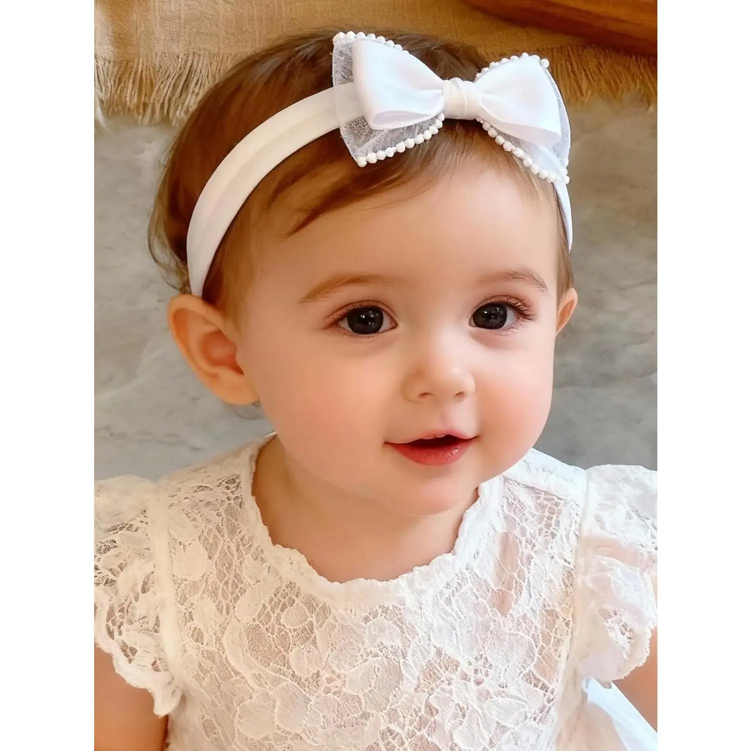 Baby Girls Headband White Bow Lace Headbands Soft Elastic Bowknot Hairbands Cute Hair Accessory  Newborn Kids Infant Toddler Baptism Birthday Party (White Bow) New model