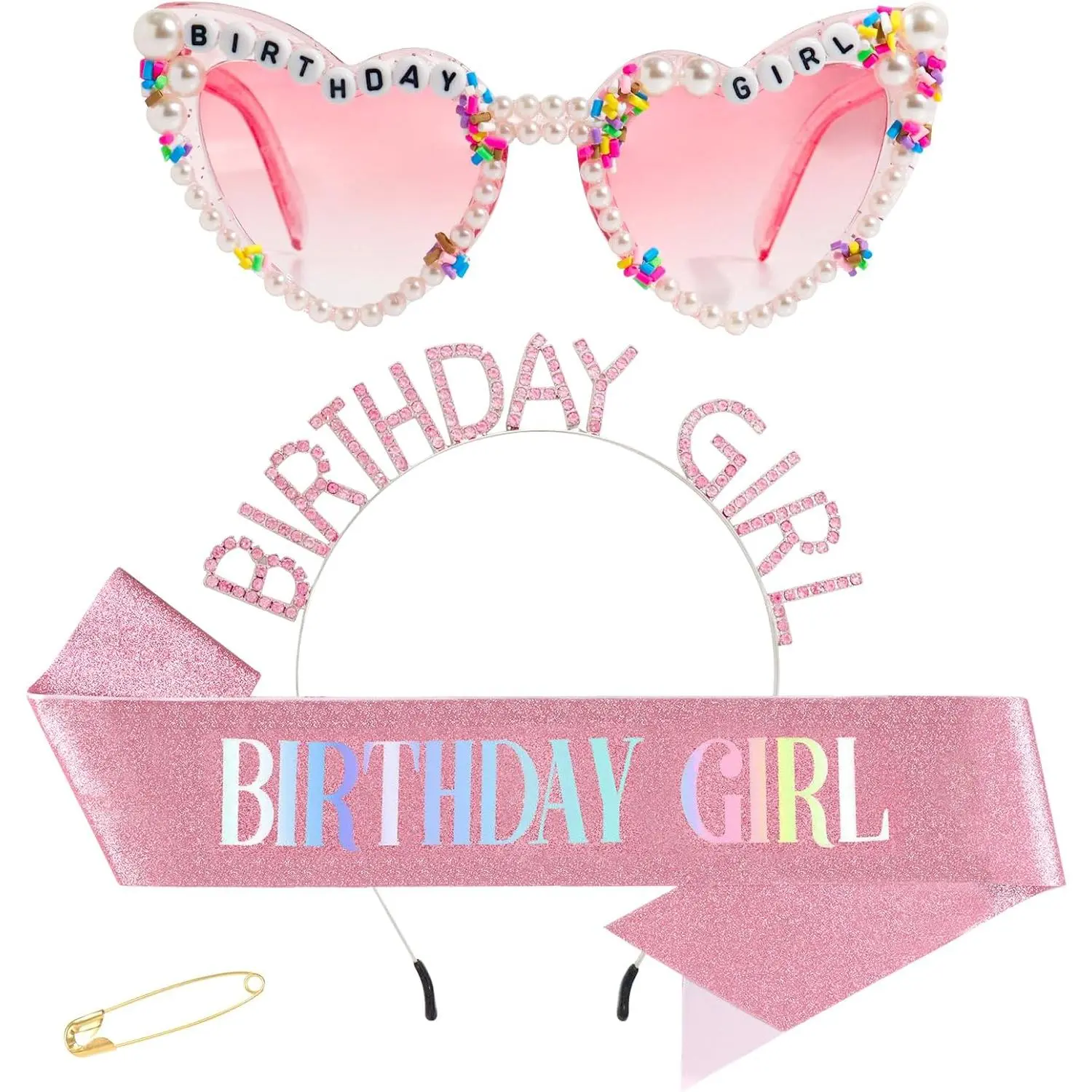 3 count Birthday Girl Sash Headband Set-Birthday Sash Tiara and Crown Sunglasses for Girls Women