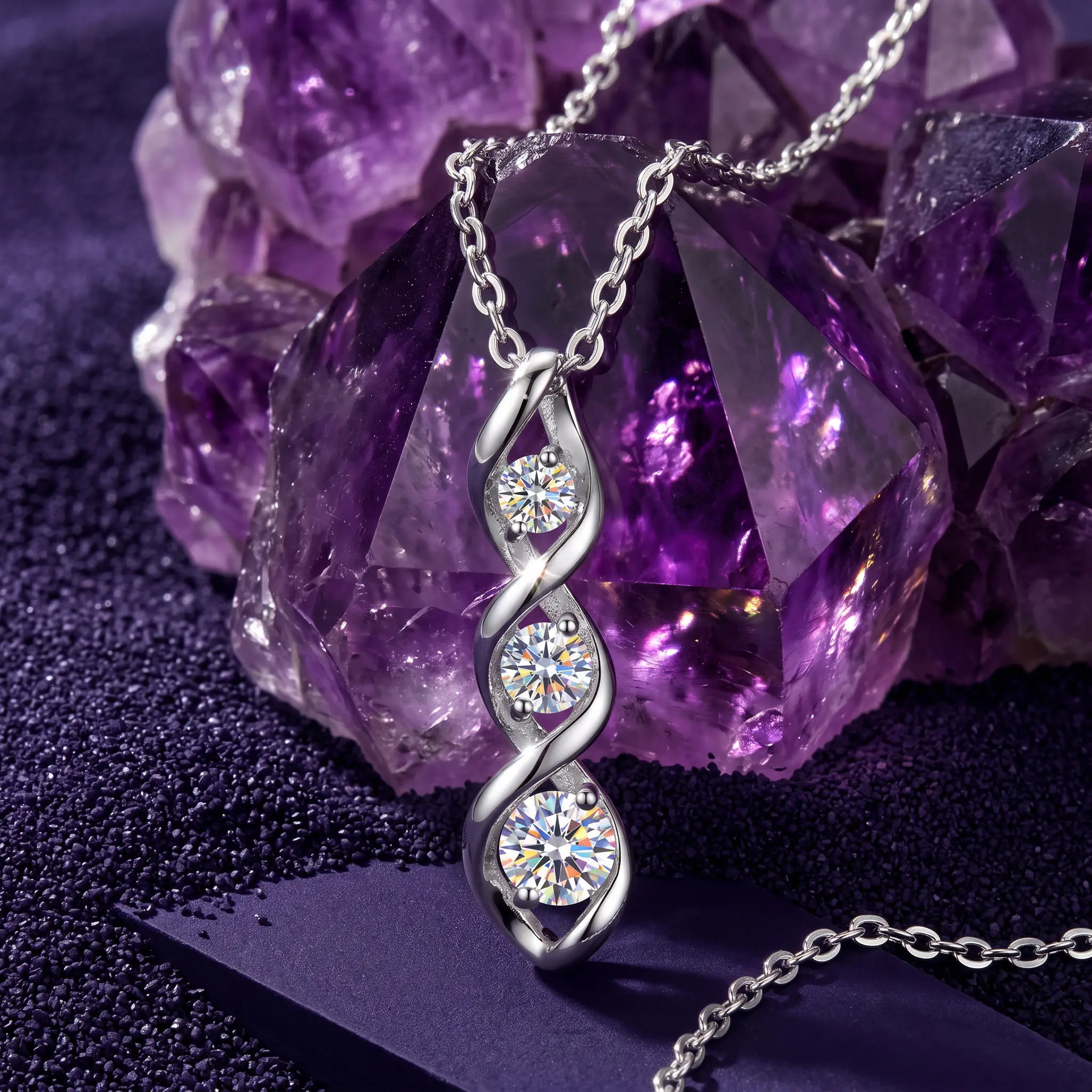 Elegant 925 Sterling Silver Three Stone Moissanite Necklace, Unique Twist Infinity Pendant, Super Sparkly Gift for Women