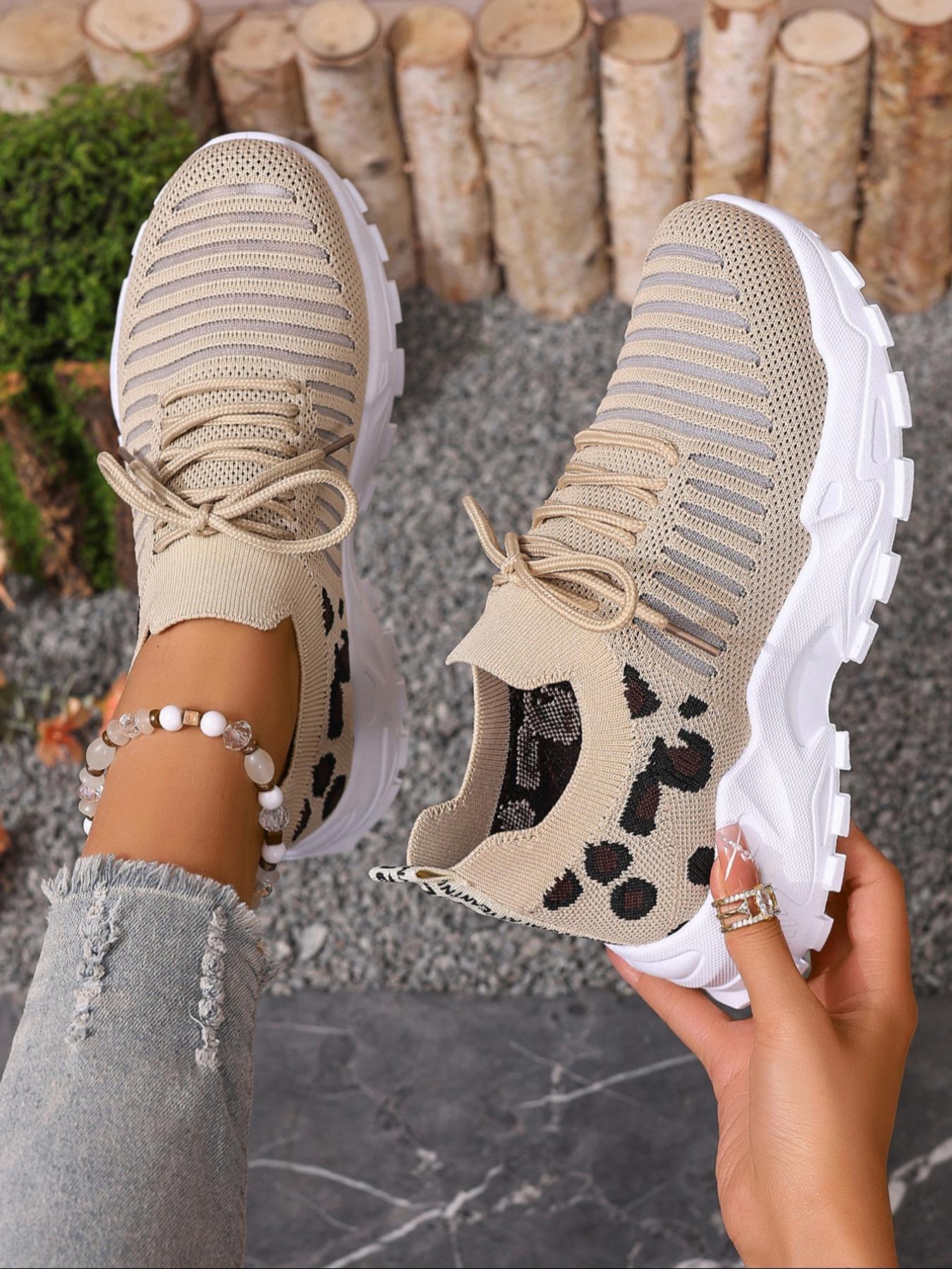 Women's Fashion Leopard Print Lace Up Low Top Sneakers, Casual Comfortable Breathable Sports Knitted Running Shoes, All-match Basic Shoes for Daily Wear, Fashionable Running Shoes