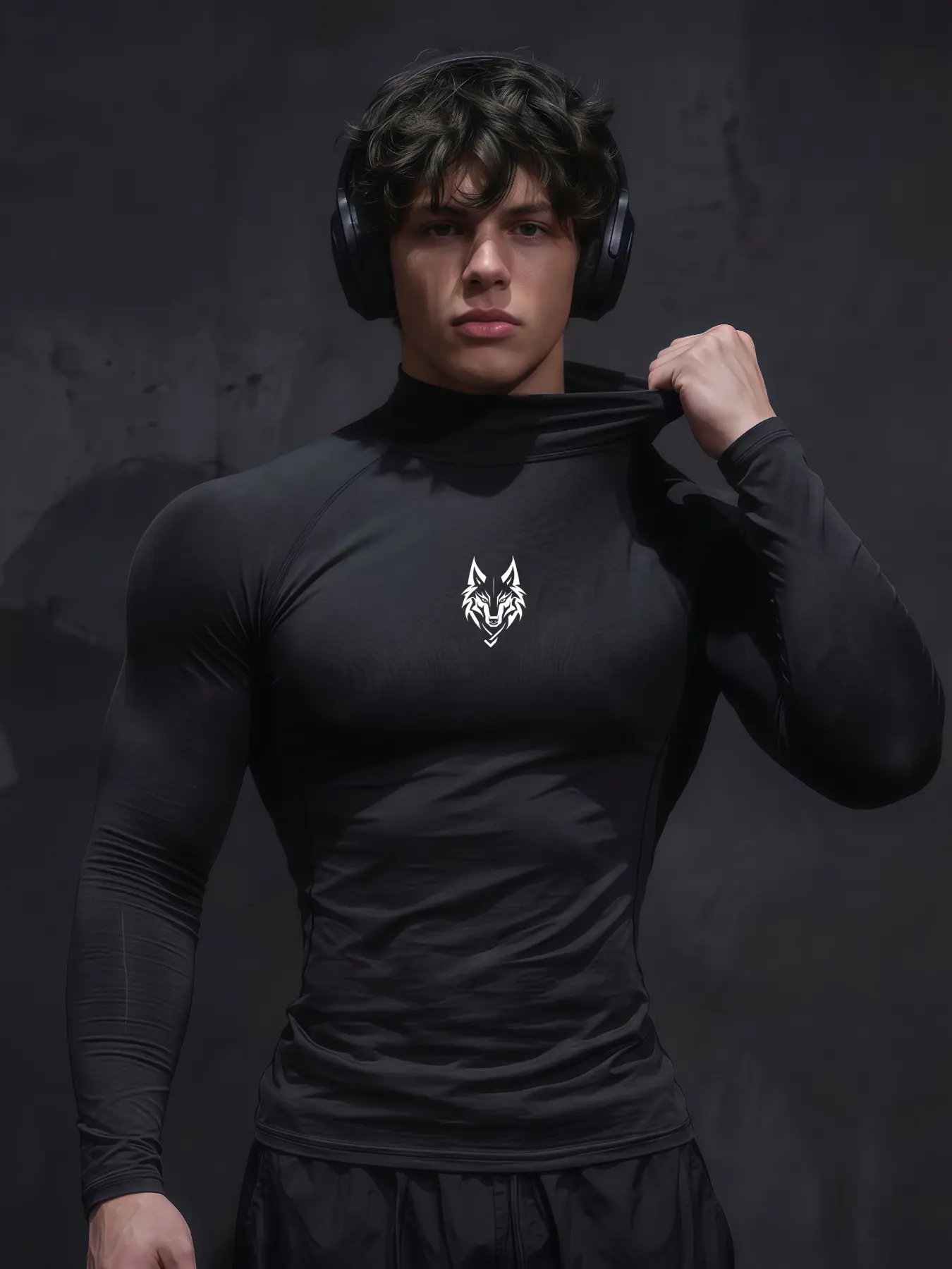 Men's Wolf Graphic Long Sleeve Athletic Shirt, Quick-Dry Performance Workout T-Shirt, Stretch Breathable Sports Top, Lightweight Durable Knit Fabric, For Gym Training, Running, Hiking, Outdoor Adventure, Summer Training Clothing, Spring Summer Casual We