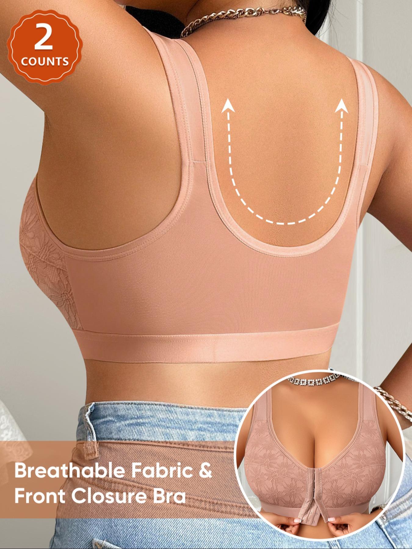 2 Pack Plus Size Women's Everyday Bras, Full Coverage Soft and Breathable Thin Cup, Front Closure Push Up Underwear for All Seasons