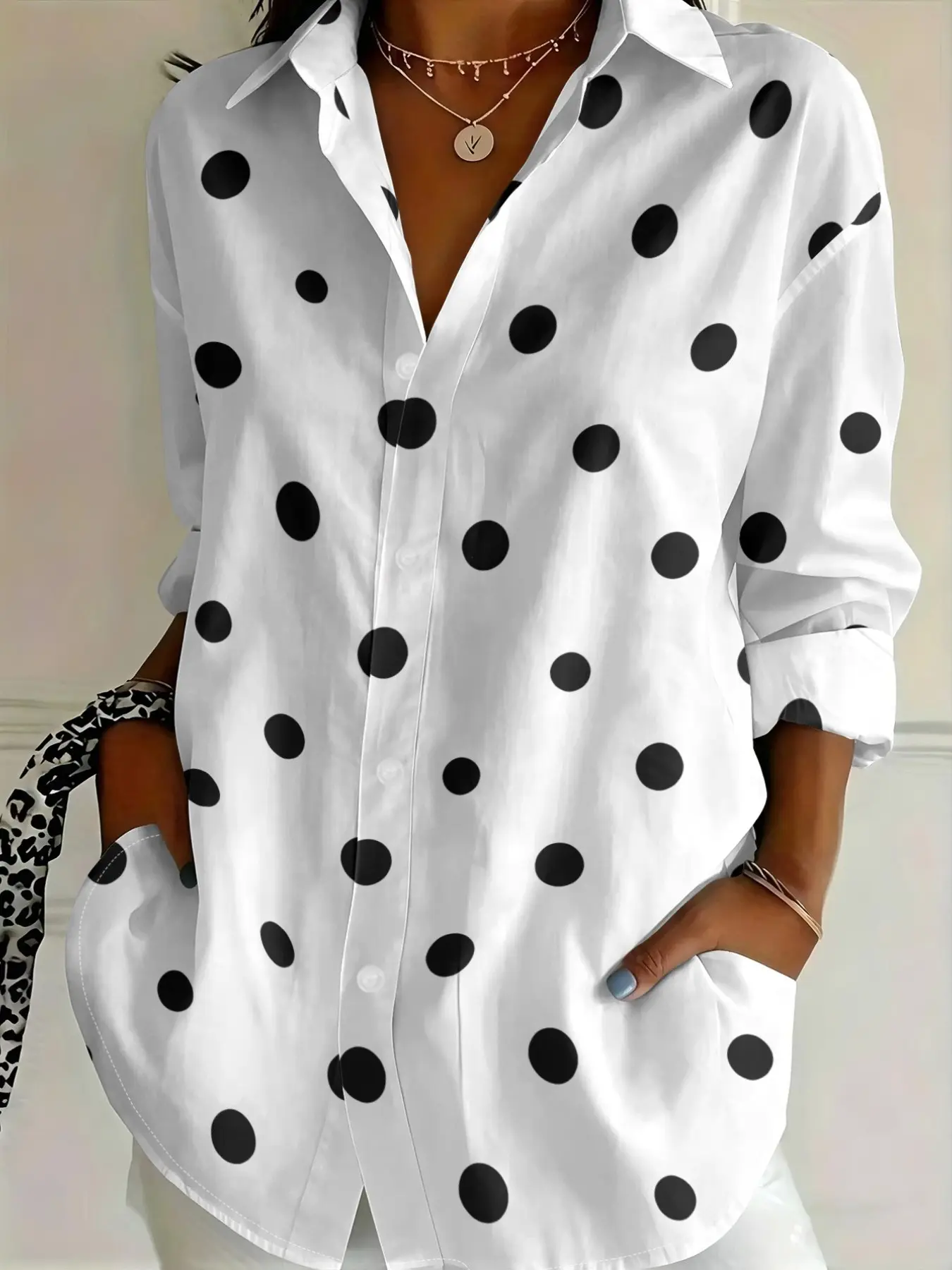 2026 New Women's Vintage European Style Polka Dot Print Blouse with Large Dots and Turn-Down Collar, Loose Fit, Casual Long Sleeve Shirt for Daily Wear