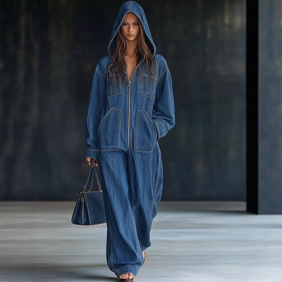 Women's Casual Polyester Hooded Jumpsuit - Long Sleeve Straight Leg Overalls, Wide Waist, Asian Sizes 2XL Plus Size Pants, Outdoor Sports Clothes
